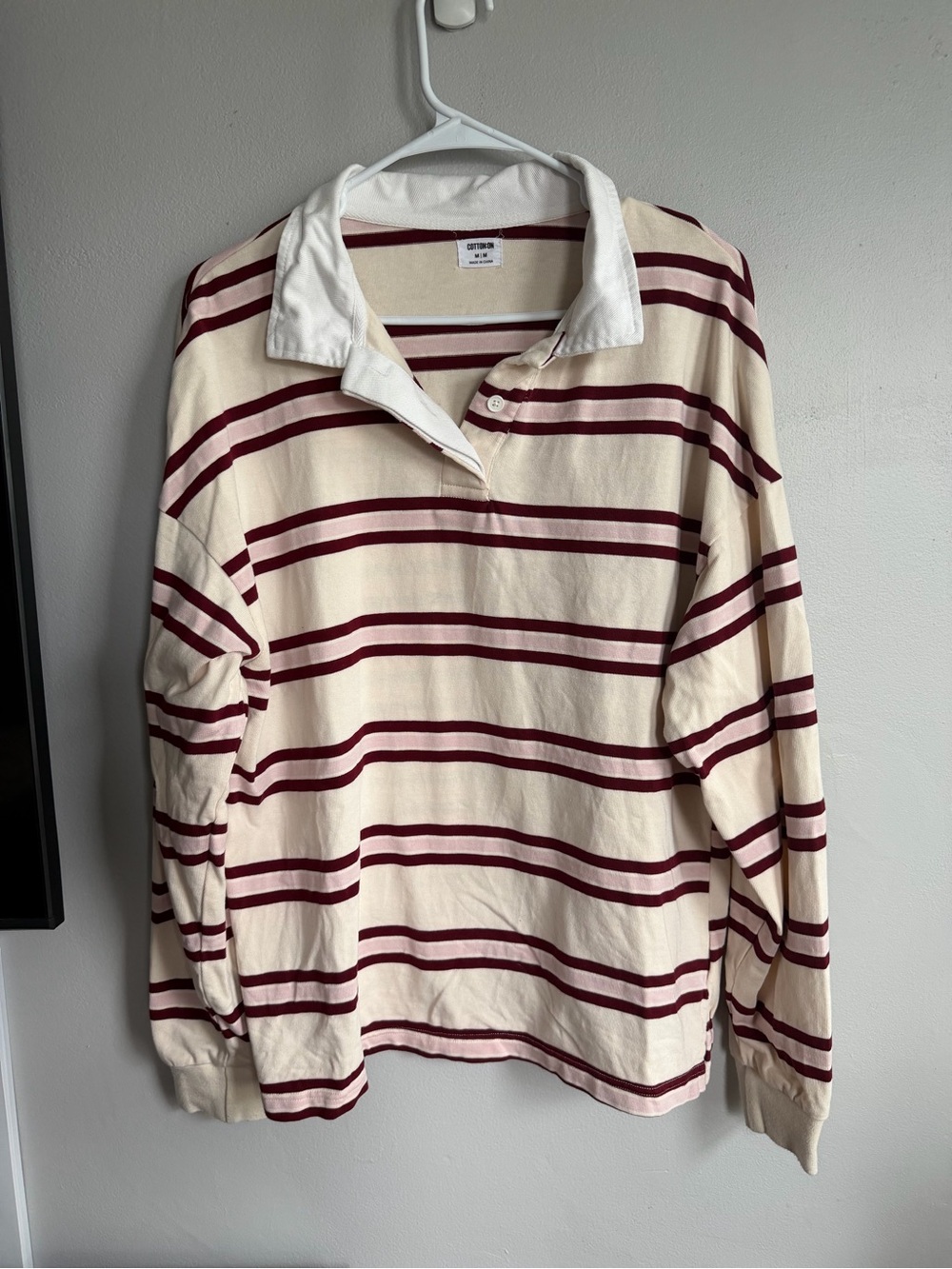 Cotton On Striped Rugby Long Sleeve Shirt Cream Pink Medium Womens Polo Top - Picture 2 of 5